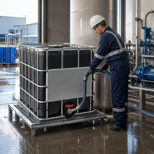 Rebottled 1000L IBC on Steel Pallet – Black UV Bottle, Non-Hazardous Liquids