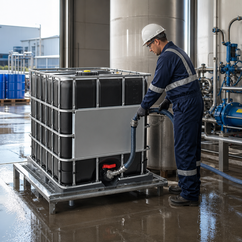 Rebottled 1000L IBC on Steel Pallet – Black UV Bottle, Non-Hazardous Liquids