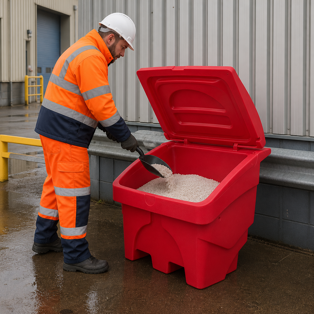 130L Red Grit and Salt Storage Bin for Outdoor Use