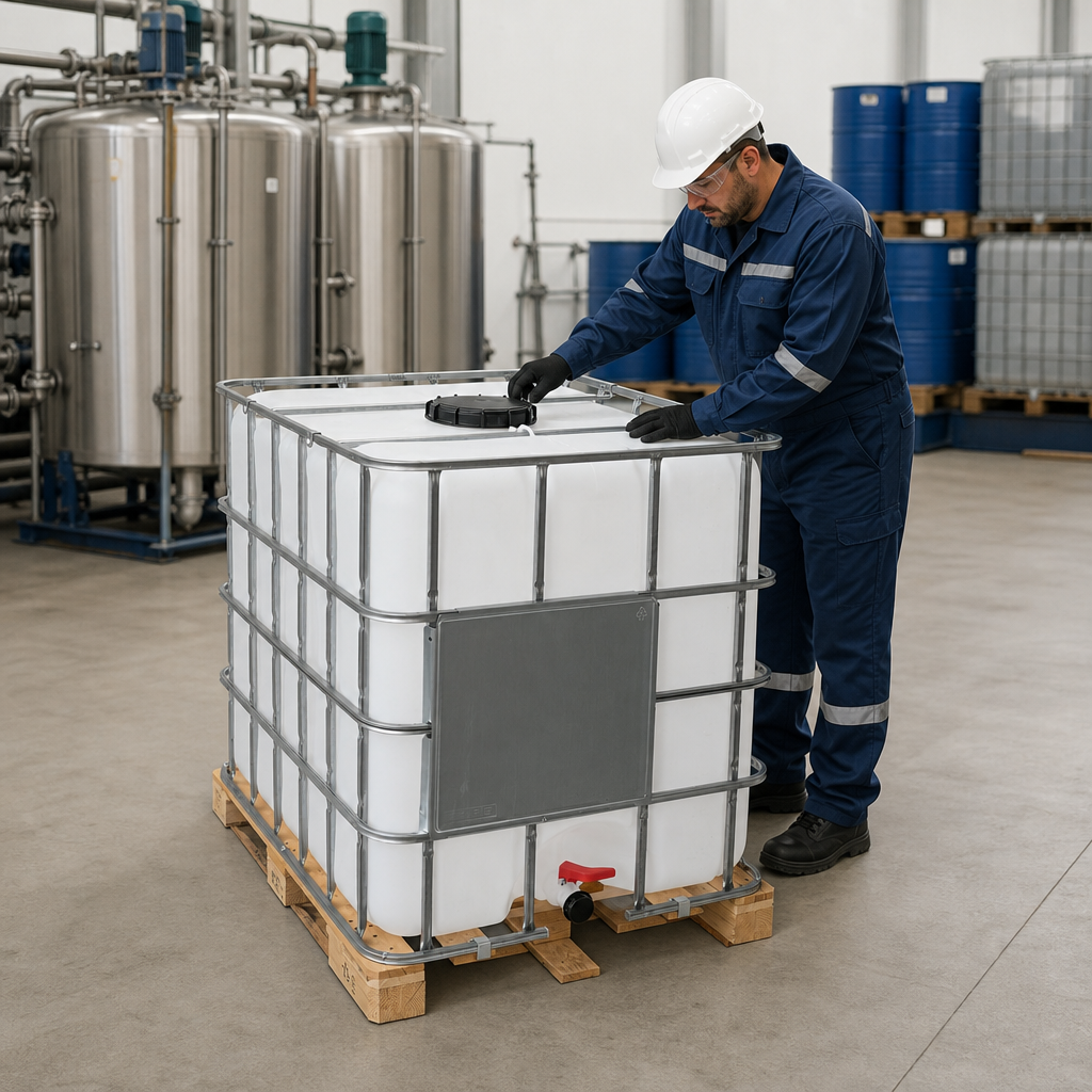 Rebottled IBC with 220mm Lid on Timber Pallet for Safe Liquid Storage