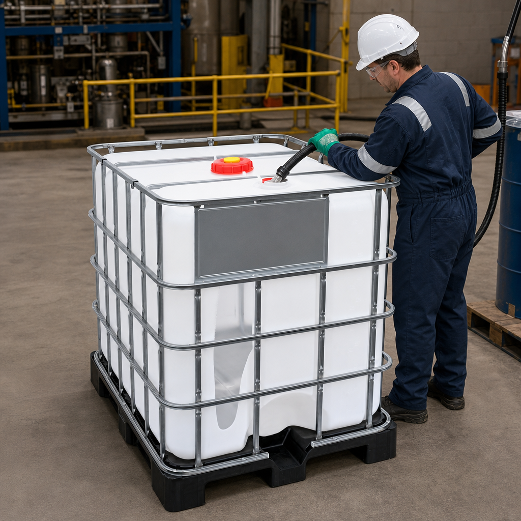Rebottled 1000L IBC with CDS Dip-Tube – Plastic Pallet (Ideal for AdBlue)
