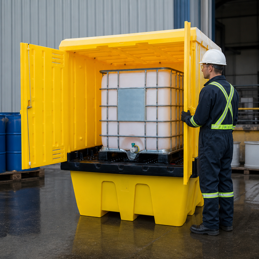 Nestable IBC Spill Pallet with Weatherproof Hardcover for Safe Storage