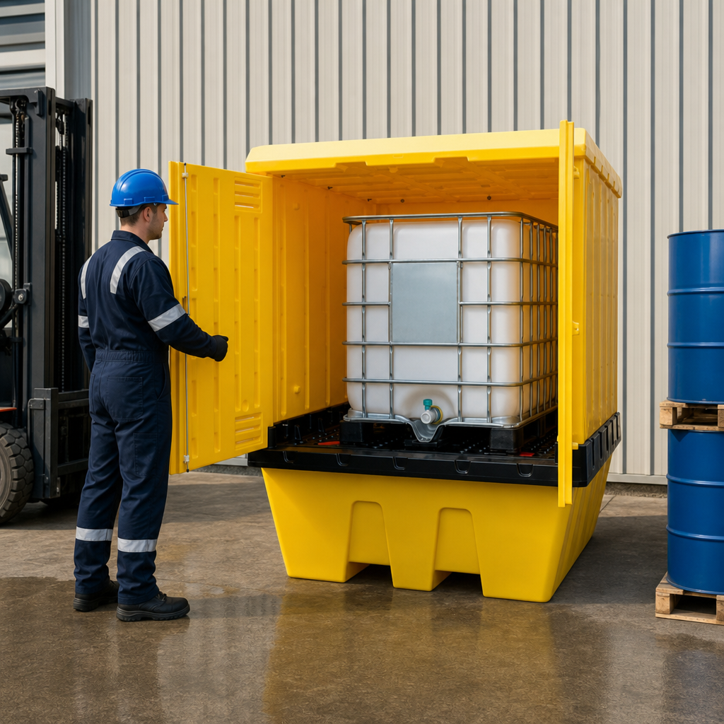 Nestable IBC Spill Pallet with Weatherproof Hardcover for Safe Storage